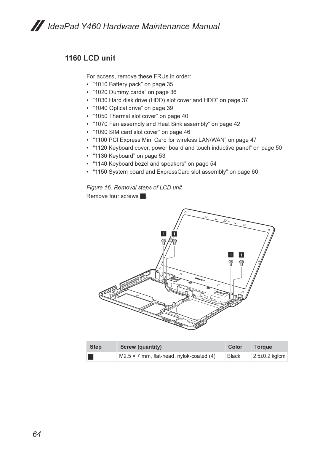 Lenovo Y460 manual Removal steps of LCD unit 