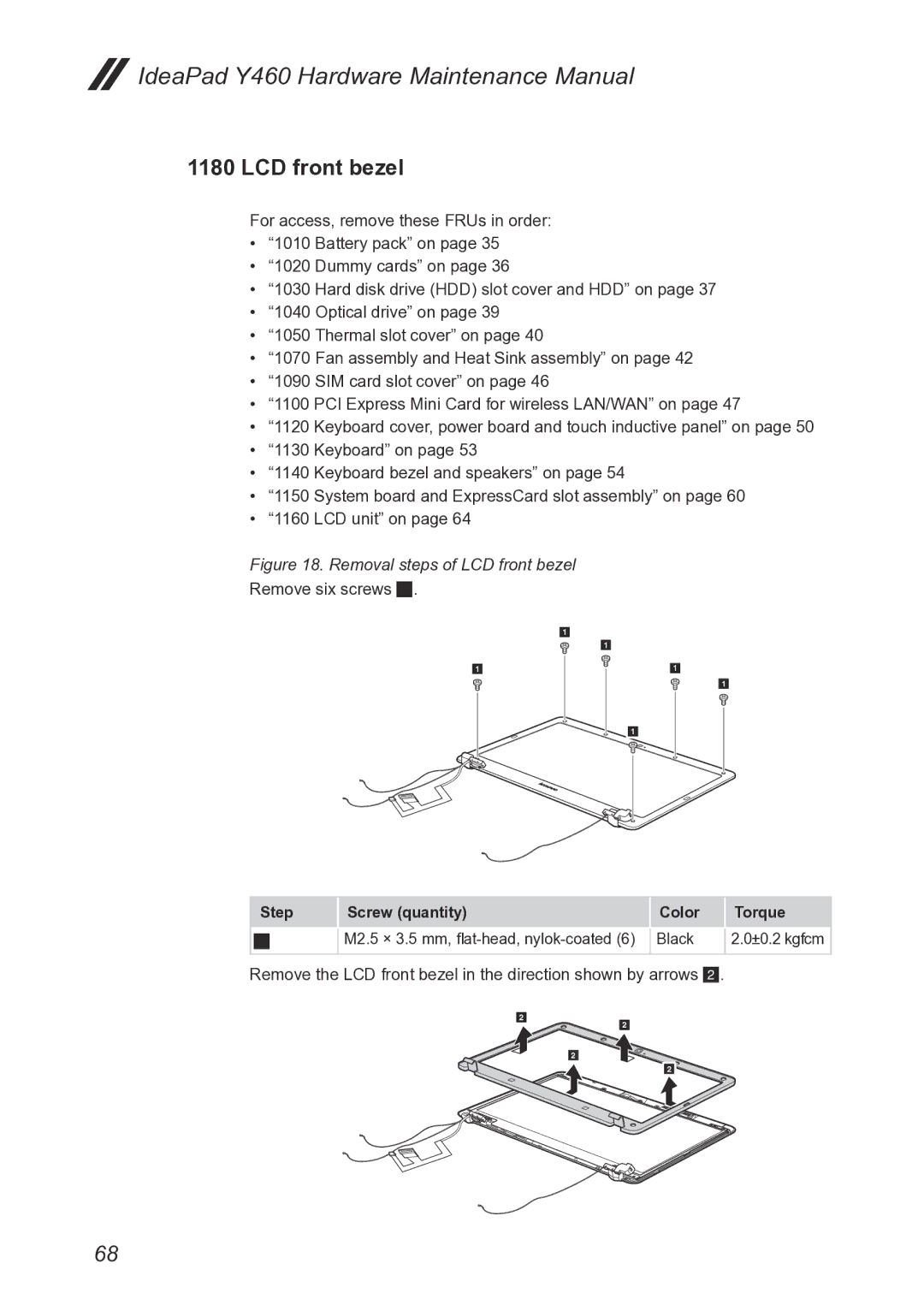 Lenovo Y460 manual Removal steps of LCD front bezel 