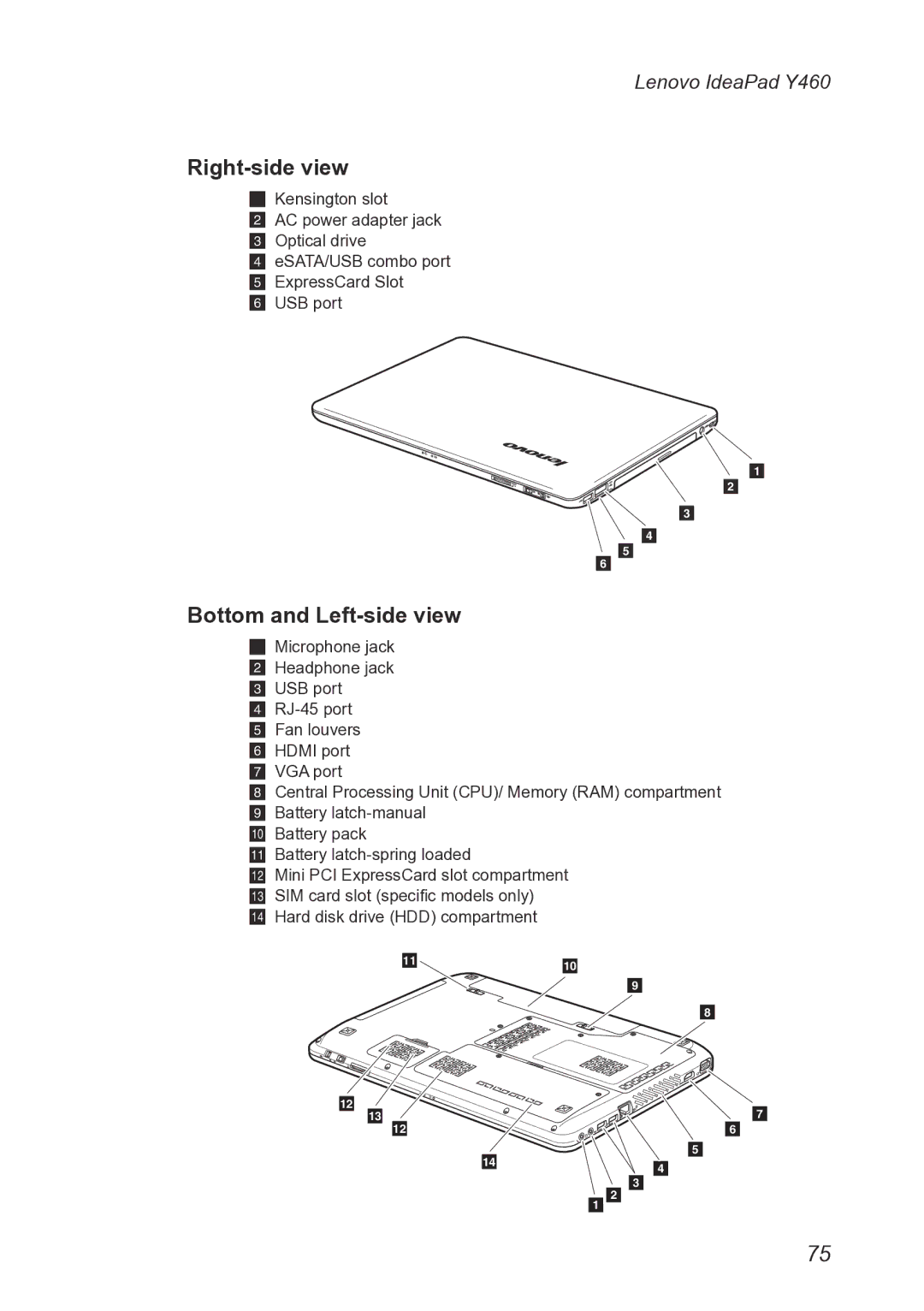 Lenovo Y460 manual Right-side view, Bottom and Left-side view 