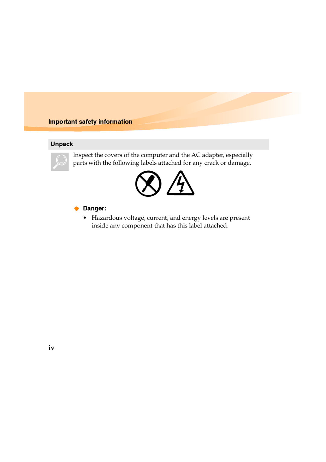 Lenovo Y460 manual Important safety information Unpack 