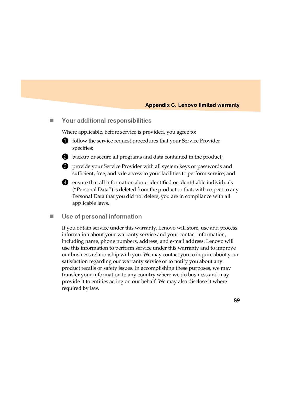 Lenovo Y460 manual „ Your additional responsibilities, „ Use of personal information 