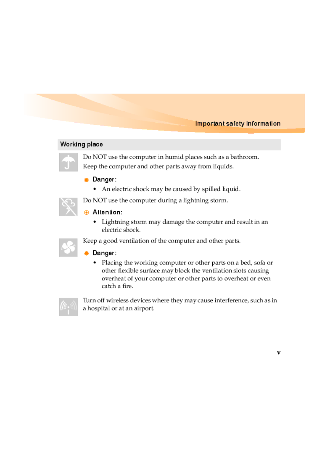 Lenovo Y460 manual Important safety information Working place 