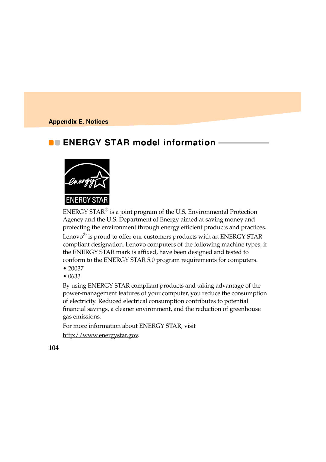 Lenovo Y460 manual Energy Star model information, 104 