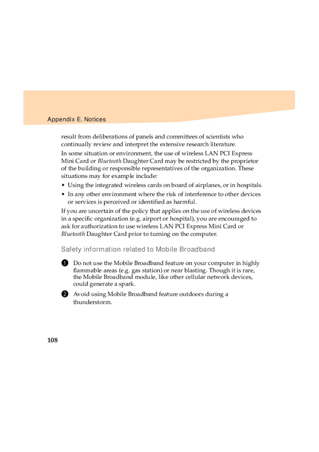 Lenovo Y460 manual „ Safety information related to Mobile Broadband, 108 