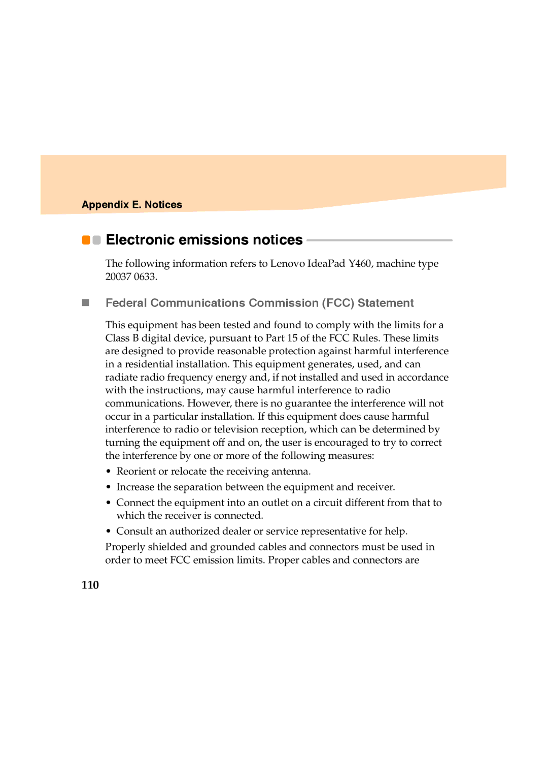 Lenovo Y460 manual Electronic emissions notices, „ Federal Communications Commission FCC Statement, 110 