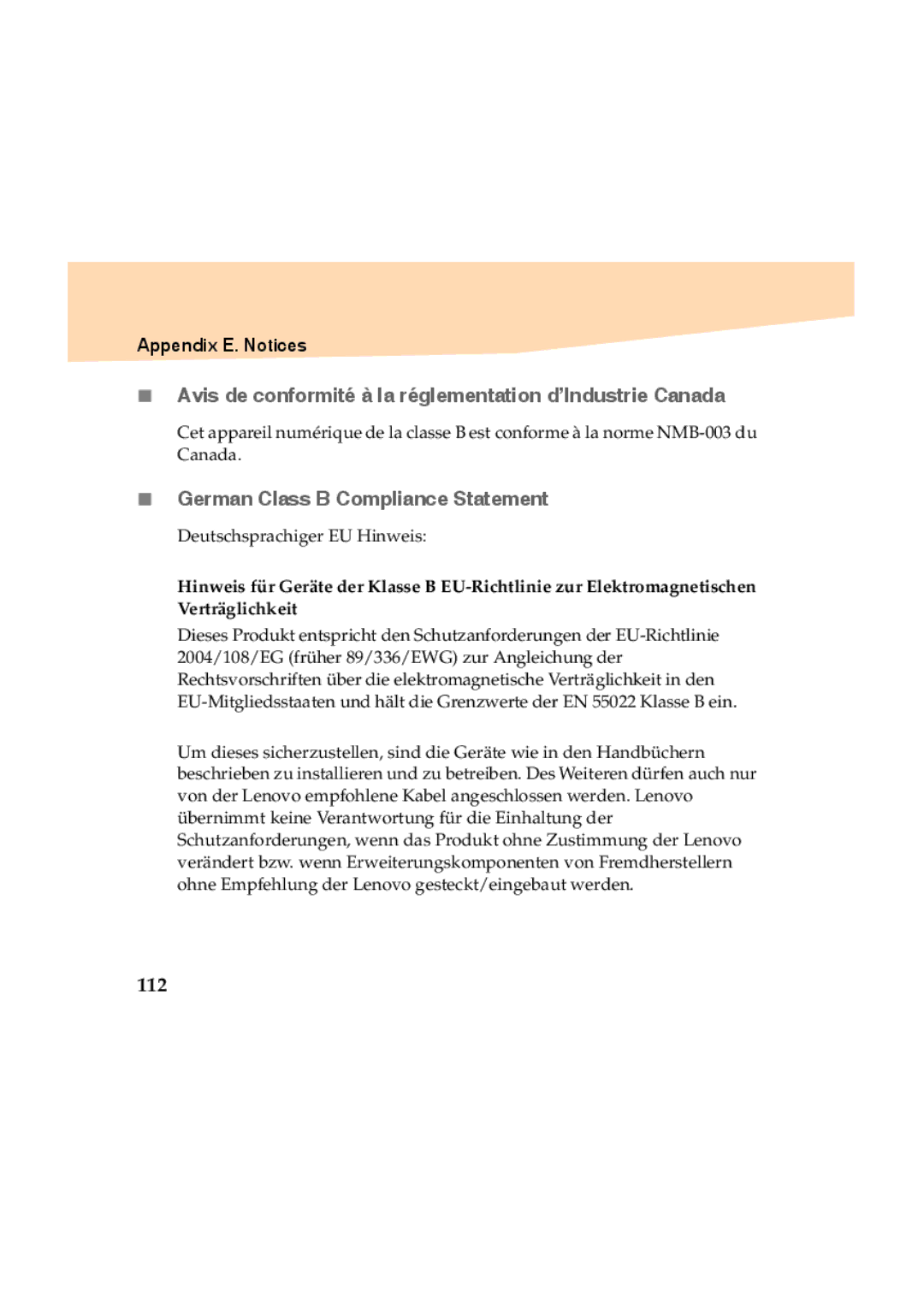 Lenovo Y460 manual „ Avis de conformité à la réglementation d’Industrie Canada, „ German Class B Compliance Statement, 112 