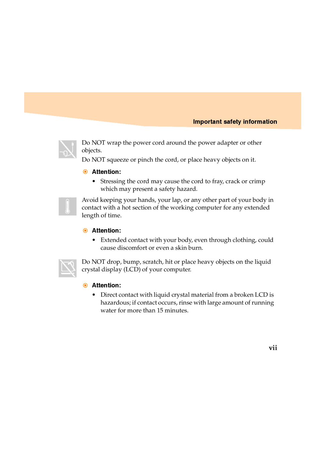 Lenovo Y460 manual Vii, Important safety information 