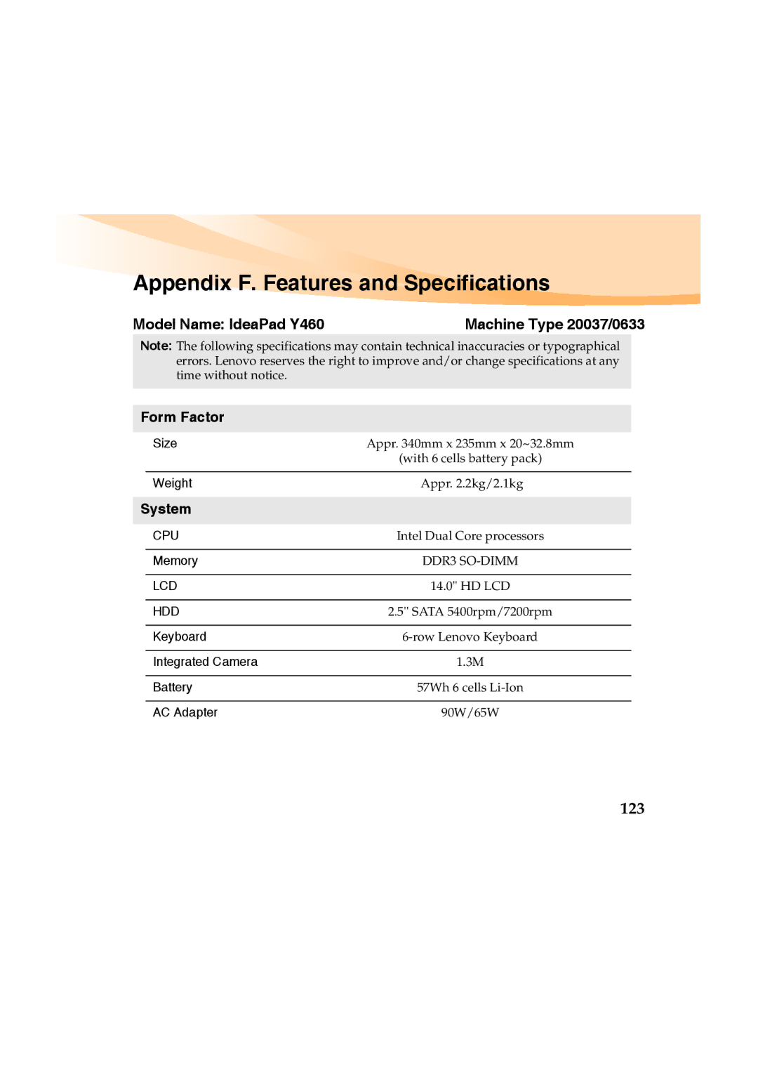 Lenovo manual Appendix F. Features and Specifications, 123, Model Name IdeaPad Y460, Form Factor, System 