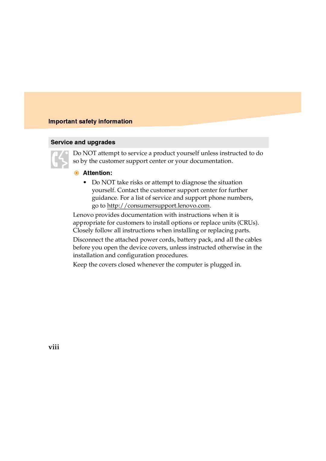 Lenovo Y460 manual Viii, Important safety information Service and upgrades 