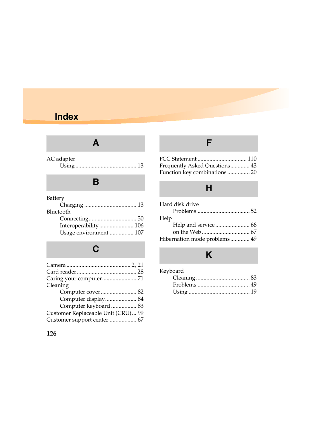 Lenovo Y460 manual Index, 126 