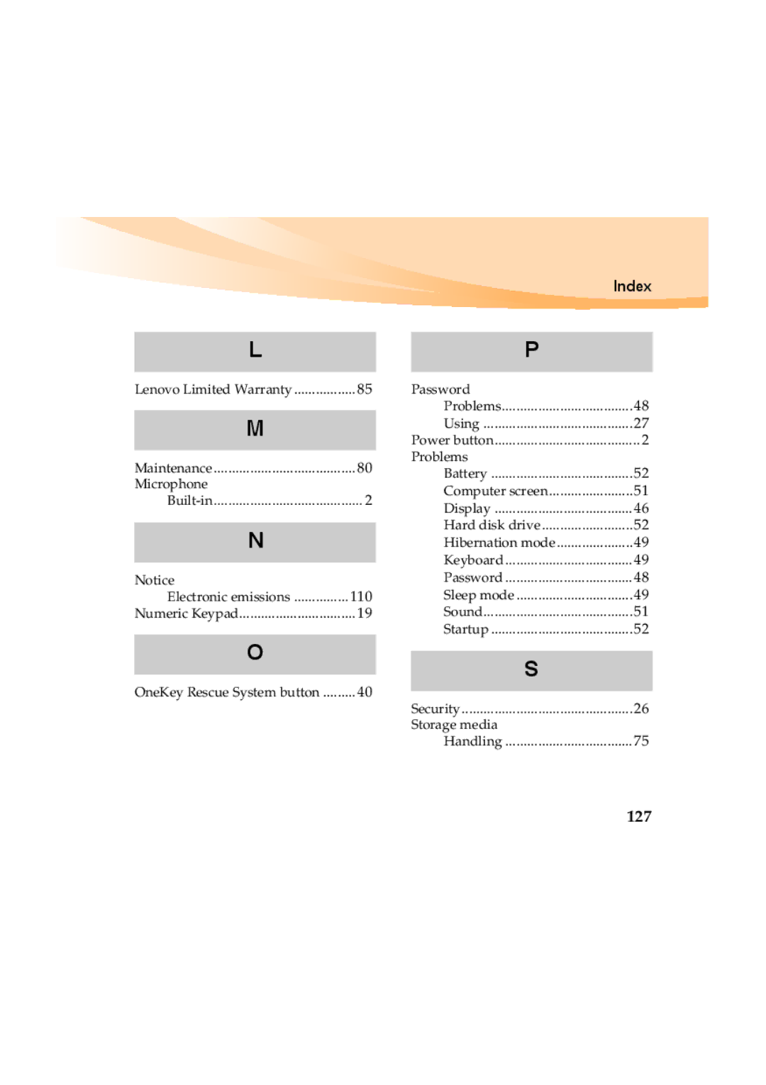 Lenovo Y460 manual 127, Index 