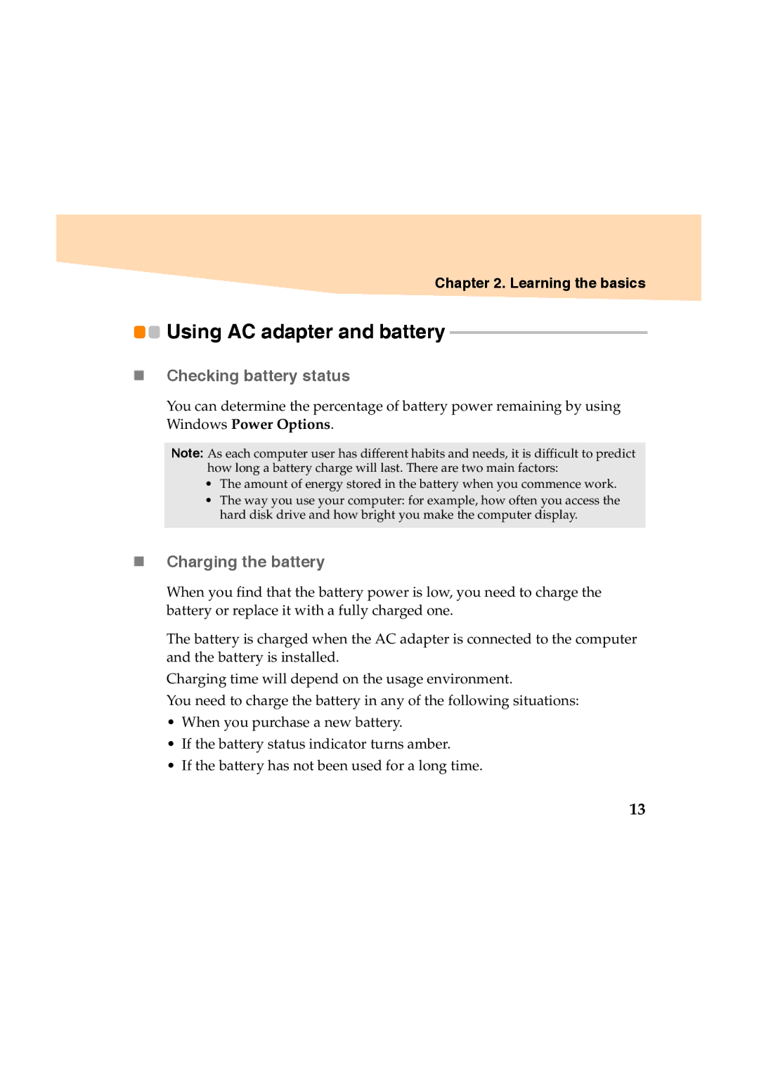 Lenovo Y460 manual Using AC adapter and battery, „ Checking battery status, „ Charging the battery 