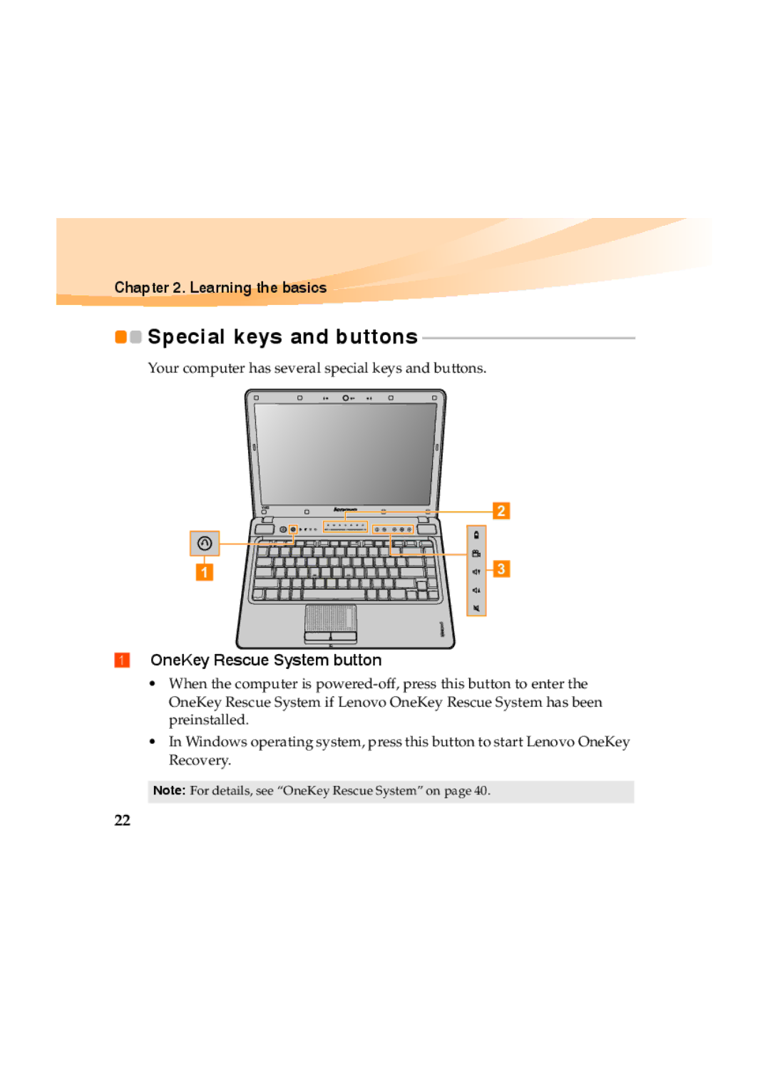 Lenovo Y460 manual Special keys and buttons, OneKey Rescue System button 