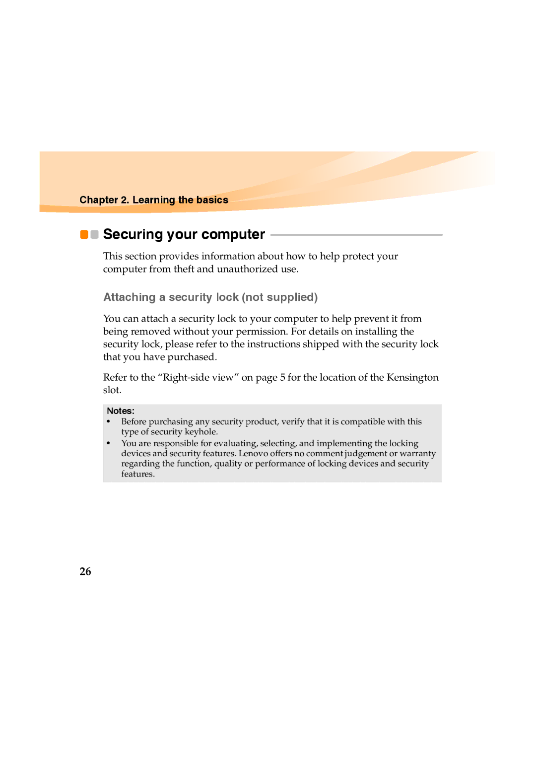 Lenovo Y460 manual Securing your computer, „ Attaching a security lock not supplied 