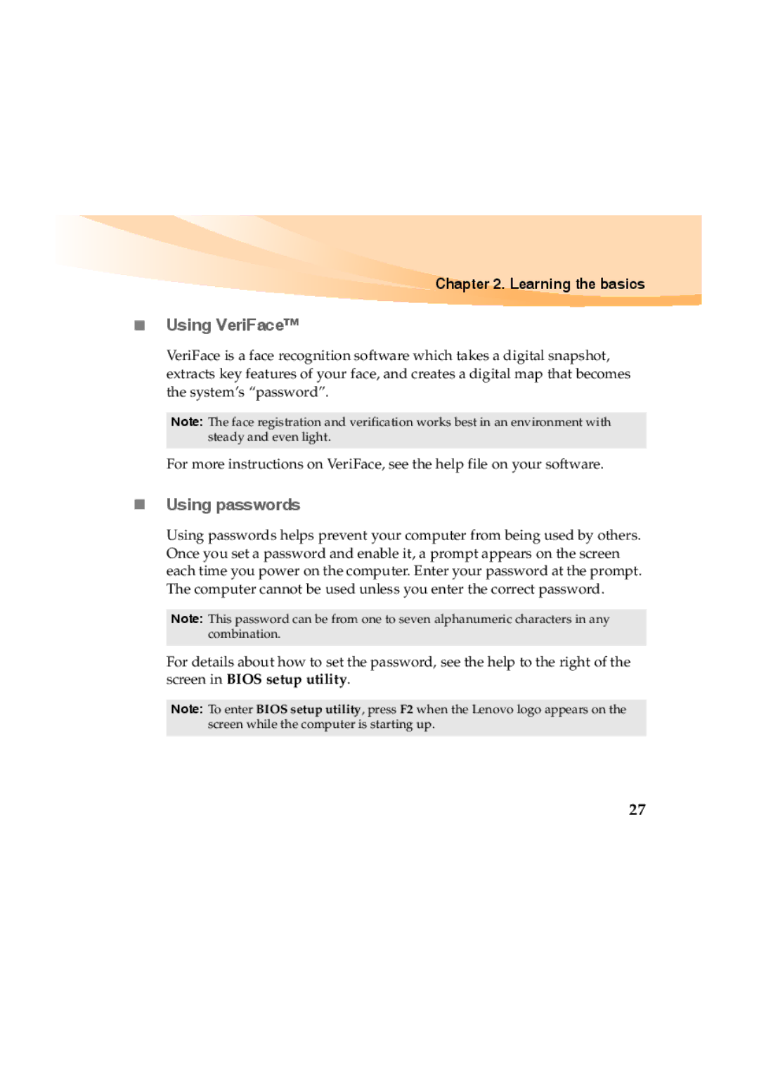 Lenovo Y460 manual „ Using VeriFace, „ Using passwords 
