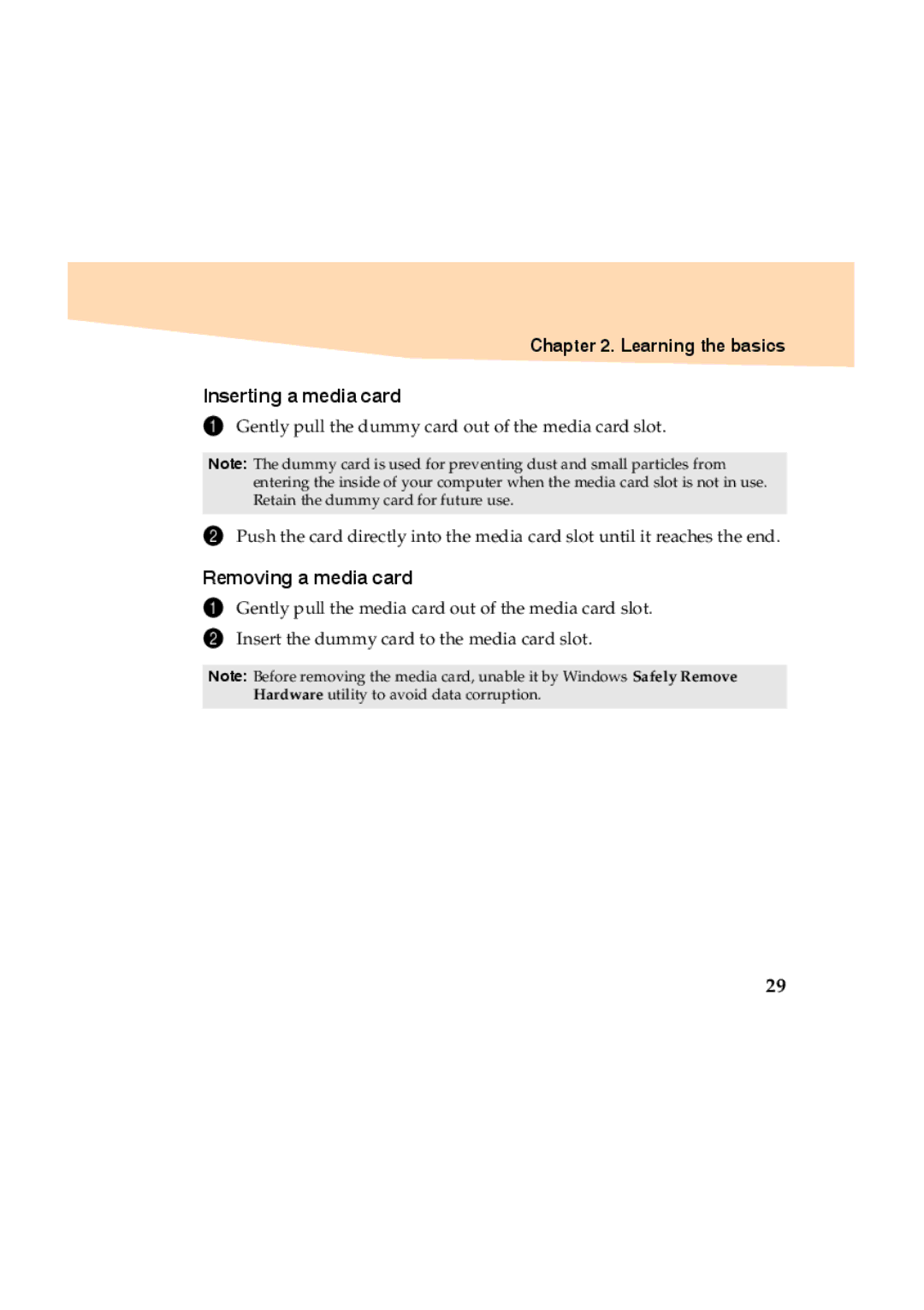 Lenovo Y460 manual Learning the basics Inserting a media card, Removing a media card 