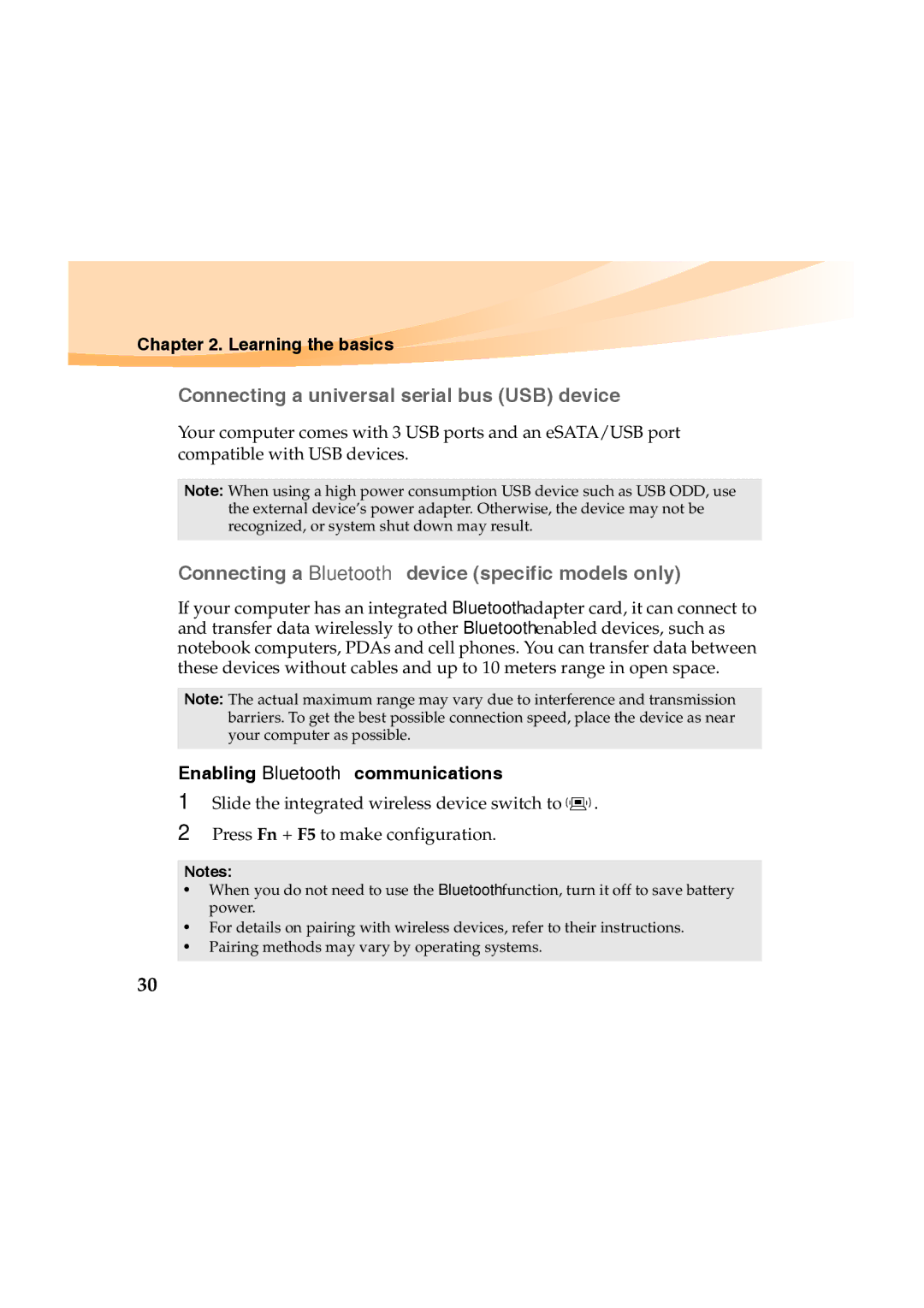 Lenovo Y460 manual „ Connecting a universal serial bus USB device, „ Connecting a Bluetooth device specific models only 