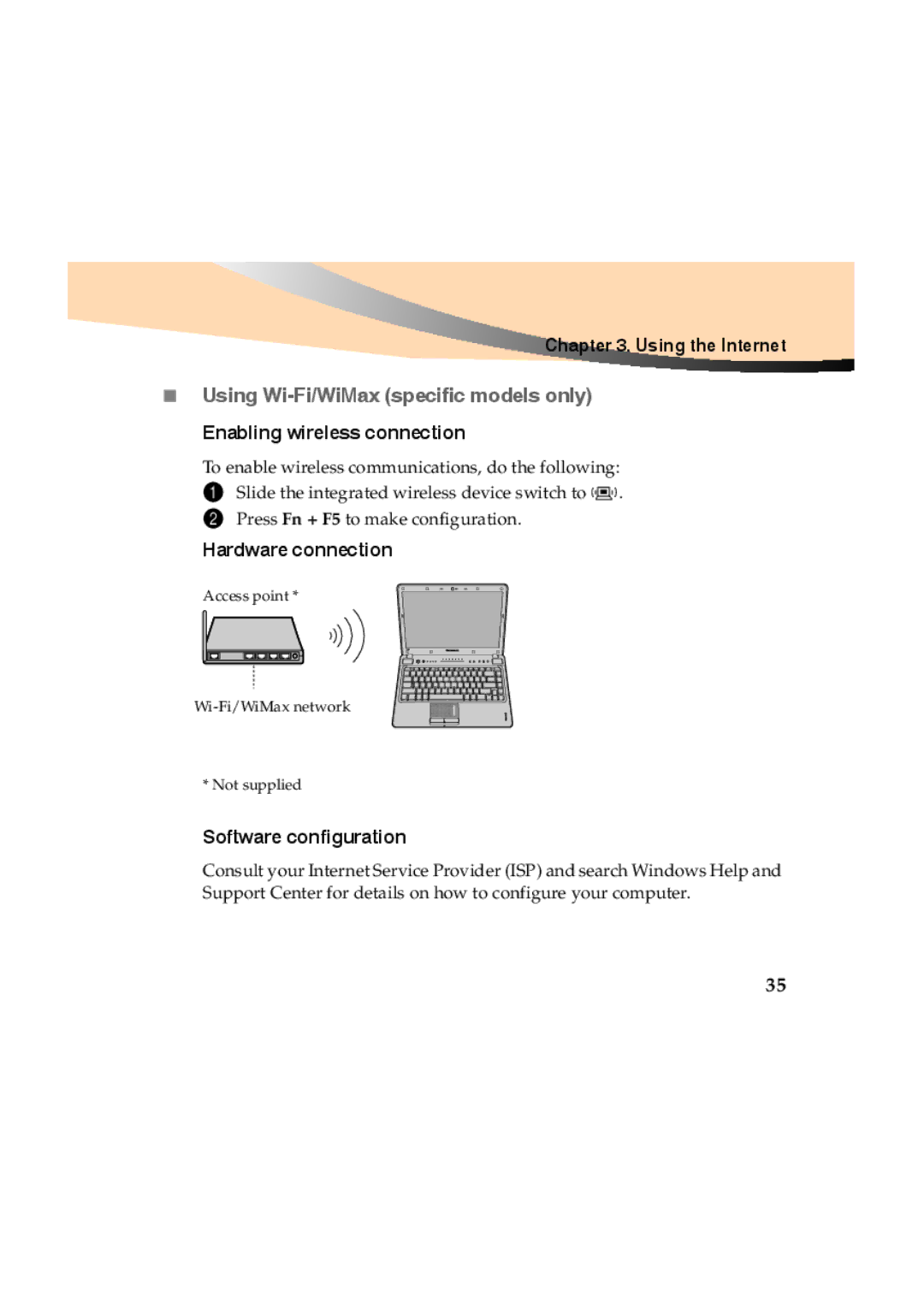 Lenovo Y460 manual „ Using Wi-Fi/WiMax specific models only, Enabling wireless connection, Hardware connection 