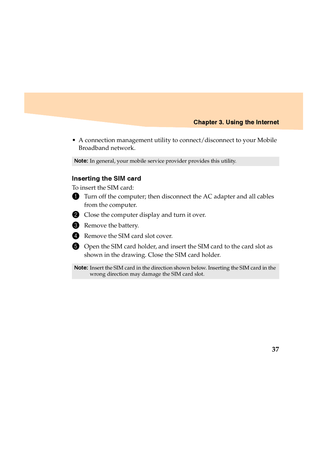 Lenovo Y460 manual Inserting the SIM card 