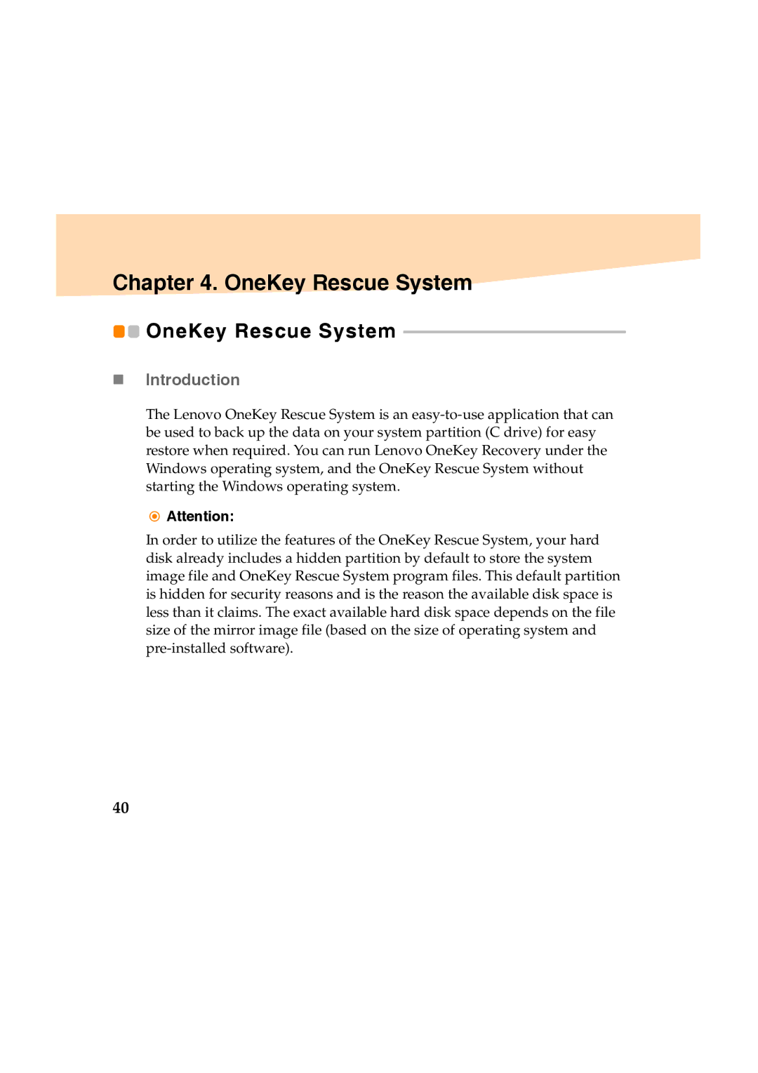 Lenovo Y460 manual OneKey Rescue System, „ Introduction 