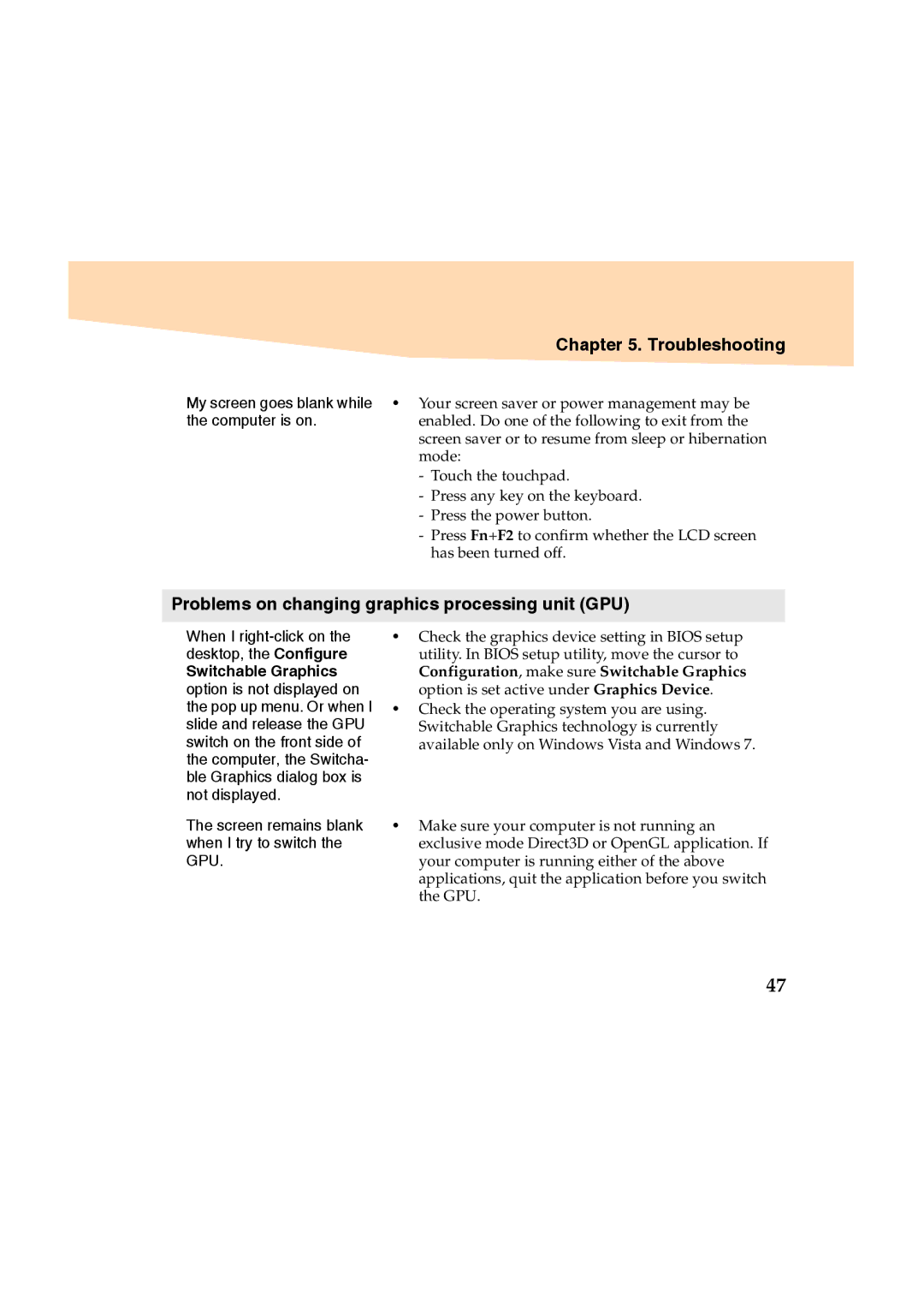 Lenovo Y460 manual Problems on changing graphics processing unit GPU, Computer is on 