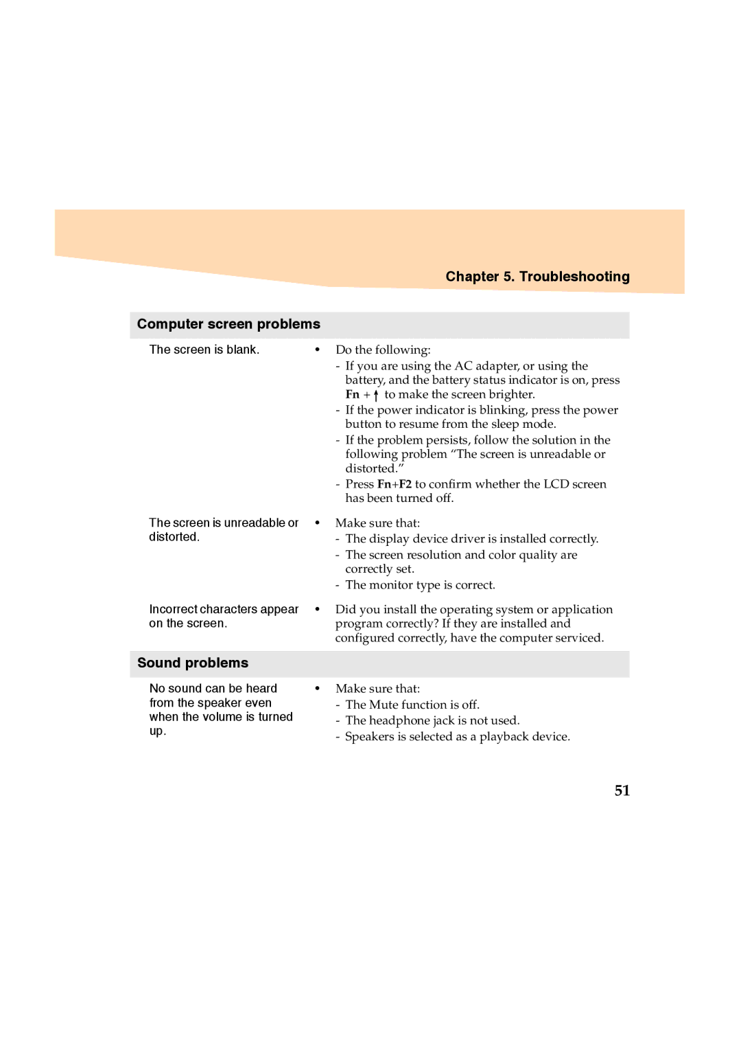 Lenovo Y460 manual Troubleshooting Computer screen problems, Sound problems 