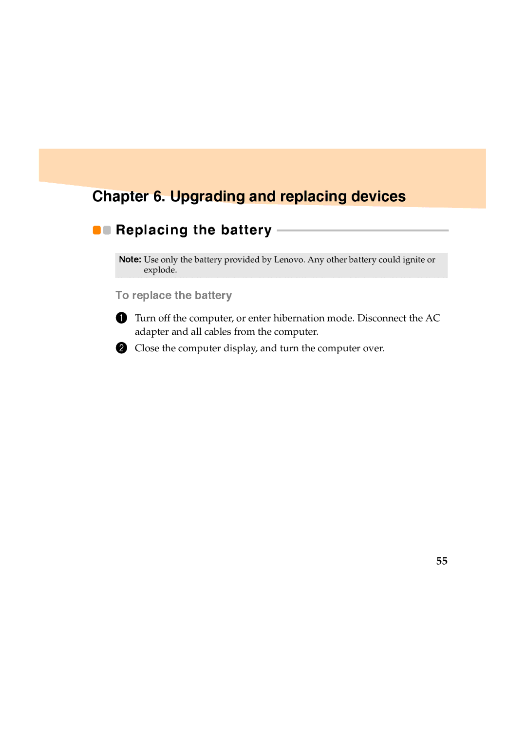 Lenovo Y460 manual Upgrading and replacing devices, Replacing the battery 