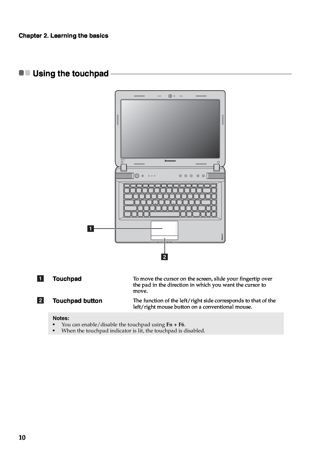 Lenovo Y471A manual Using the touchpad, Touchpad button, Learning the basics 
