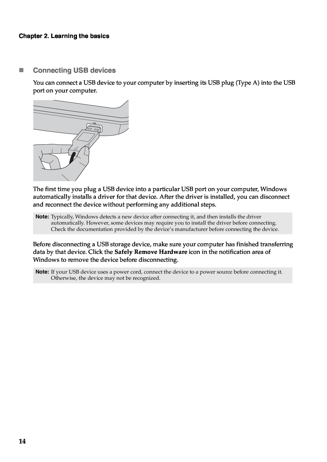 Lenovo Y471A manual „ Connecting USB devices, Learning the basics 