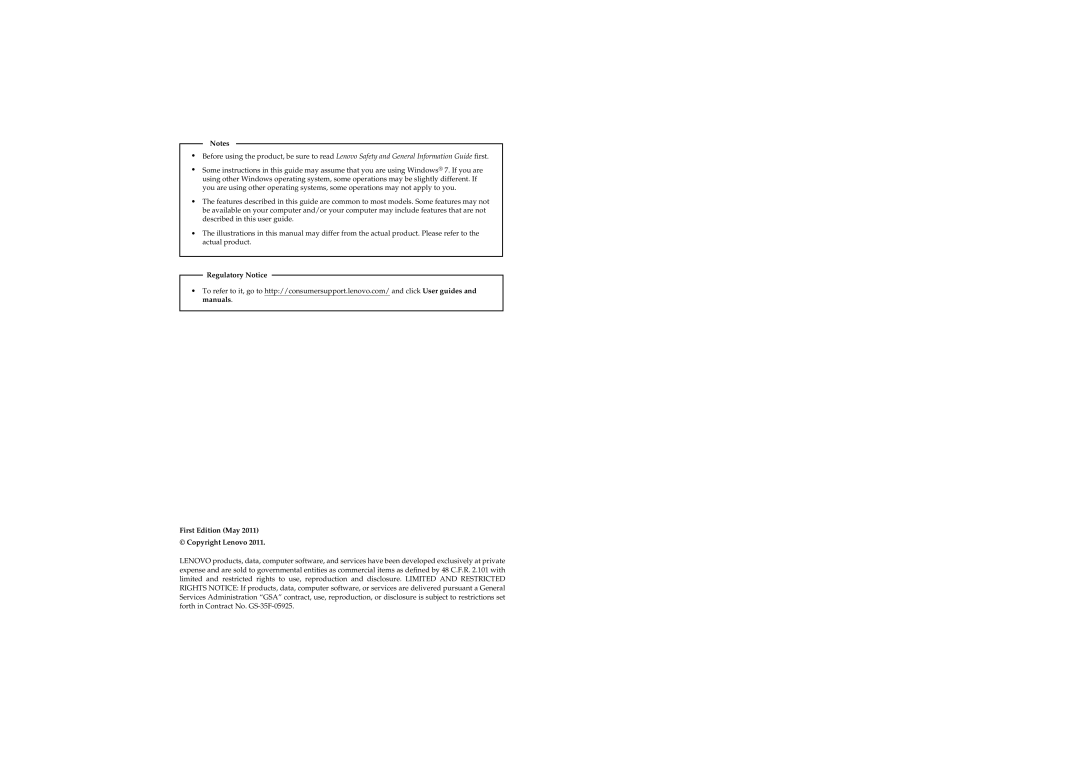 Lenovo Y471A manual Regulatory Notice, First Edition May Copyright Lenovo 
