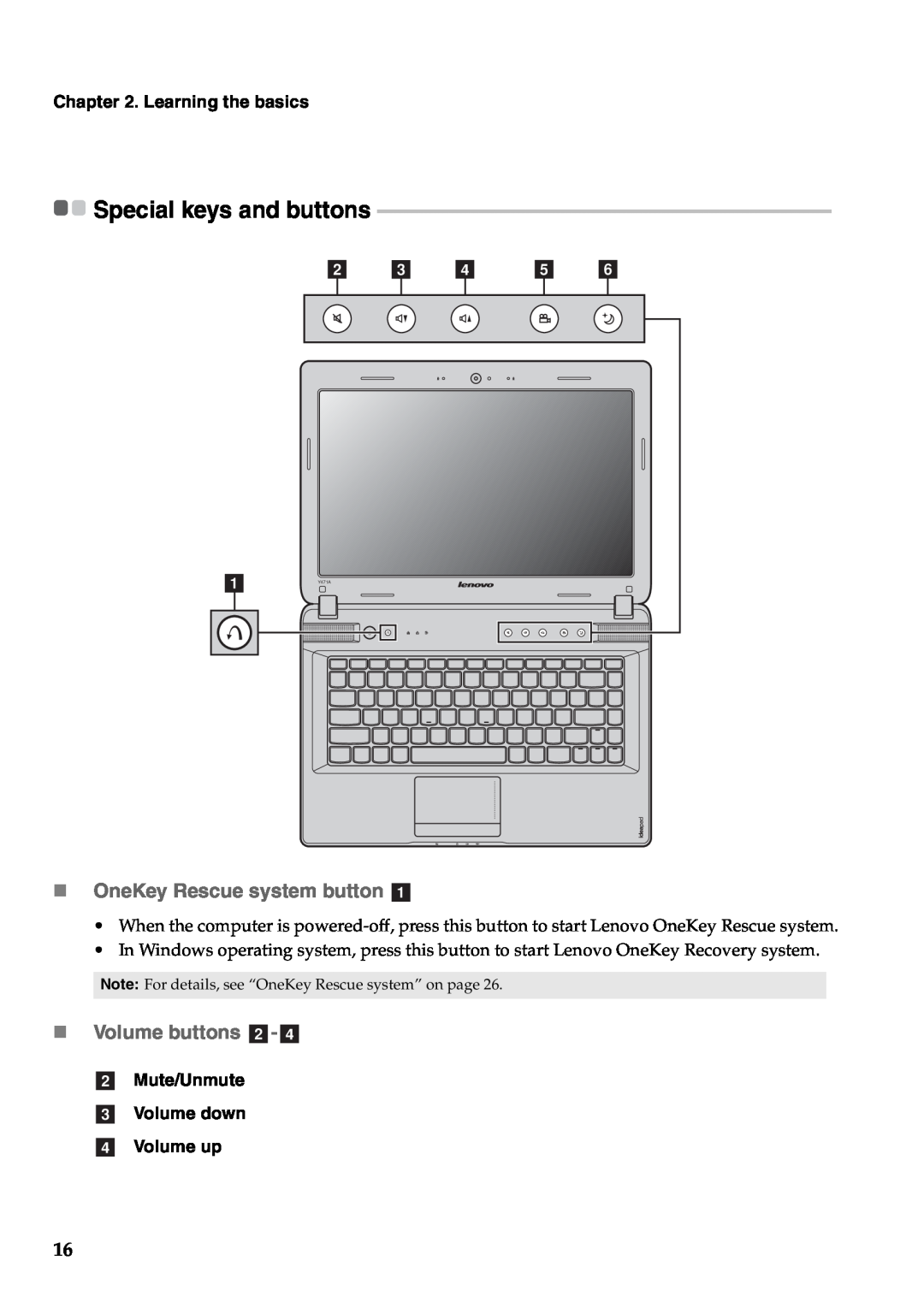 Lenovo Y471A manual Special keys and buttons, „ OneKey Rescue system button a, „ Volume buttons b- d, b c d e f 