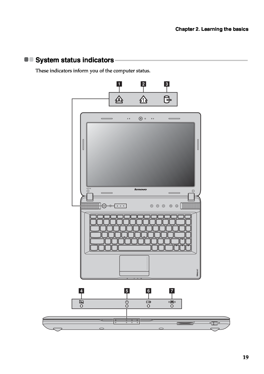 Lenovo Y471A manual a b c, d e f g, Learning the basics, System status indicators 