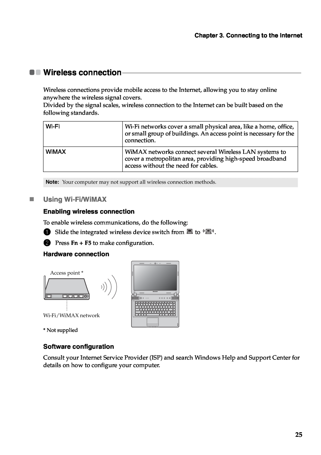 Lenovo Y471A manual „ Using Wi-Fi/WiMAX, Connecting to the Internet, Enabling wireless connection, Hardware connection 