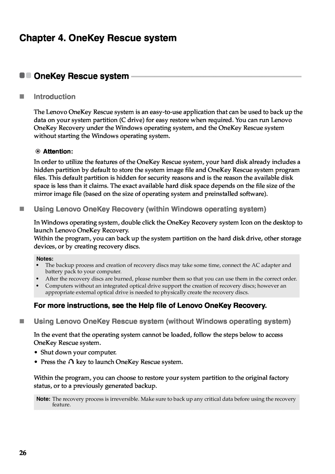 Lenovo Y471A manual OneKey Rescue system, „ Introduction, „ Using Lenovo OneKey Recovery within Windows operating system 