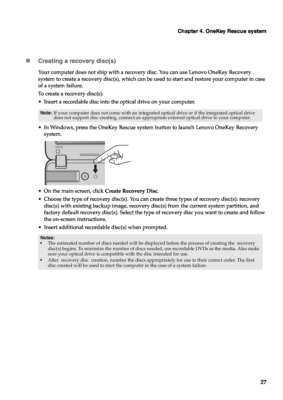 Lenovo Y471A manual „ Creating a recovery discs, OneKey Rescue system 