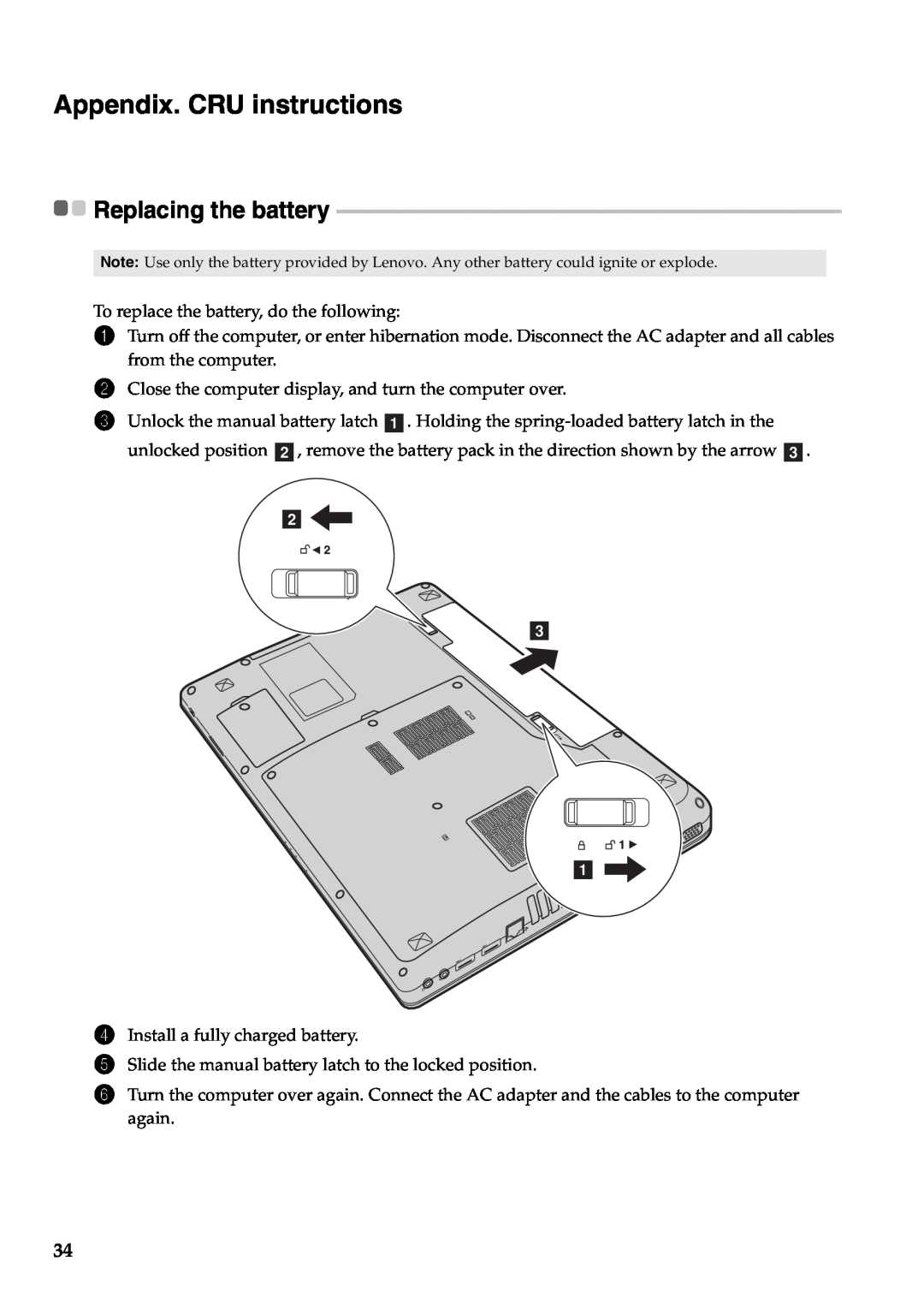 Lenovo Y471A manual Appendix. CRU instructions, Replacing the battery 