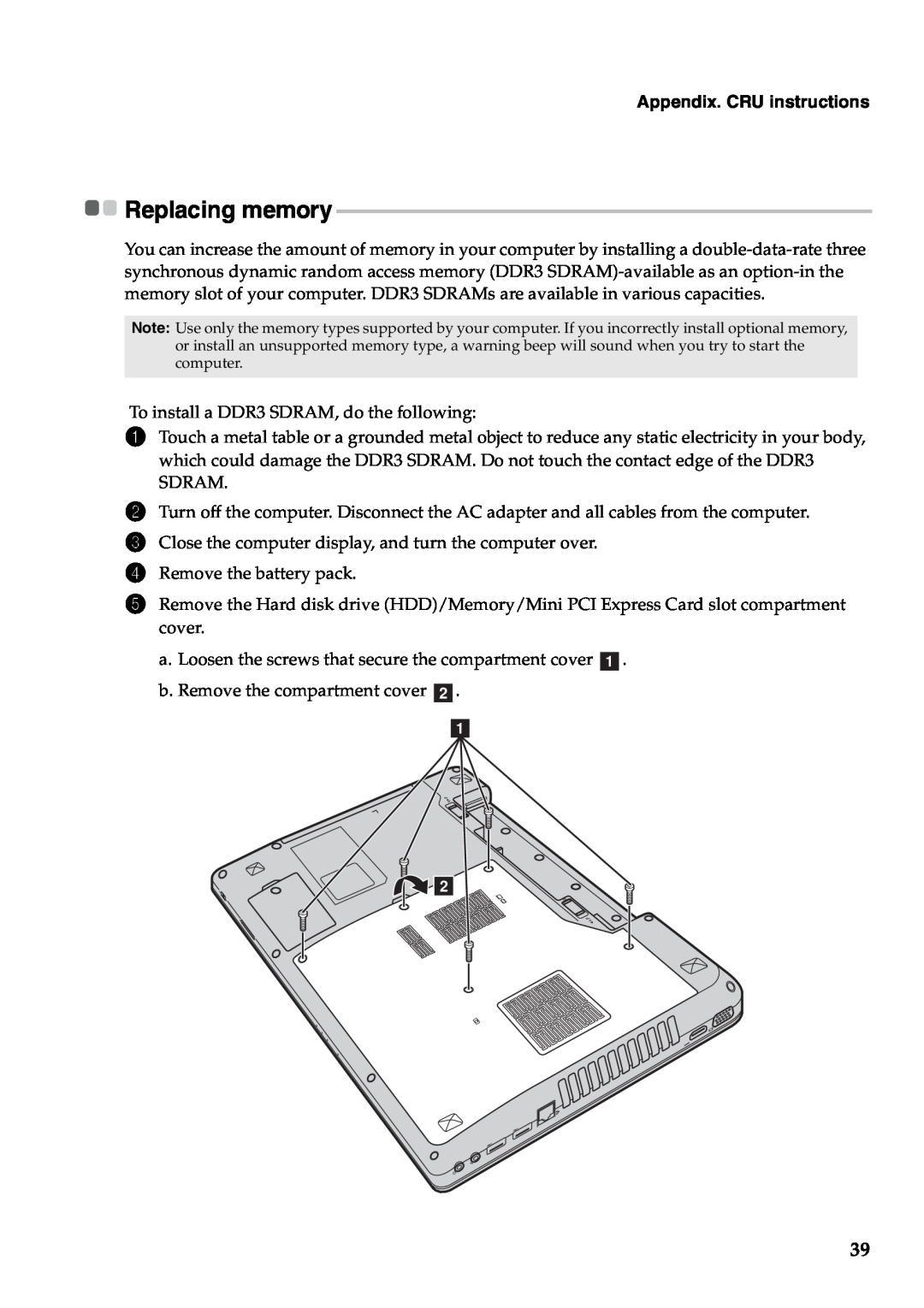 Lenovo Y471A manual Appendix. CRU instructions, Replacing memory 