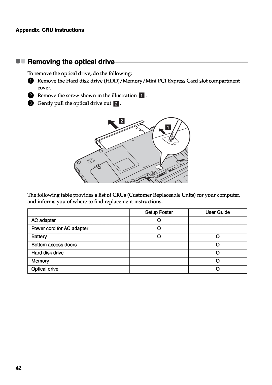 Lenovo Y471A manual Removing the optical drive, Appendix. CRU instructions 