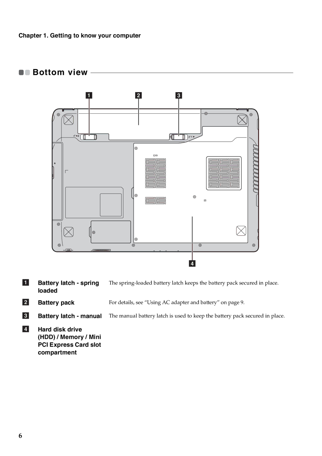 Lenovo Y471A Battery pack Battery latch manual, Bottom view 