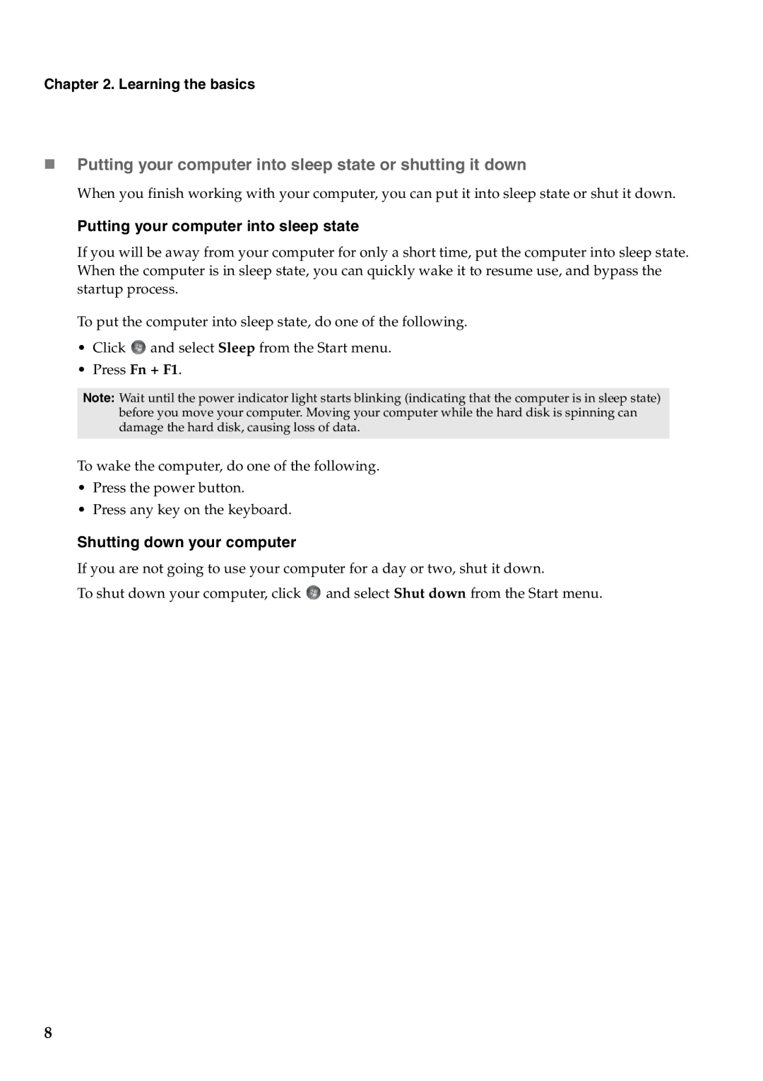 Lenovo Y471A manual Learning the basics, Putting your computer into sleep state, Shutting down your computer 