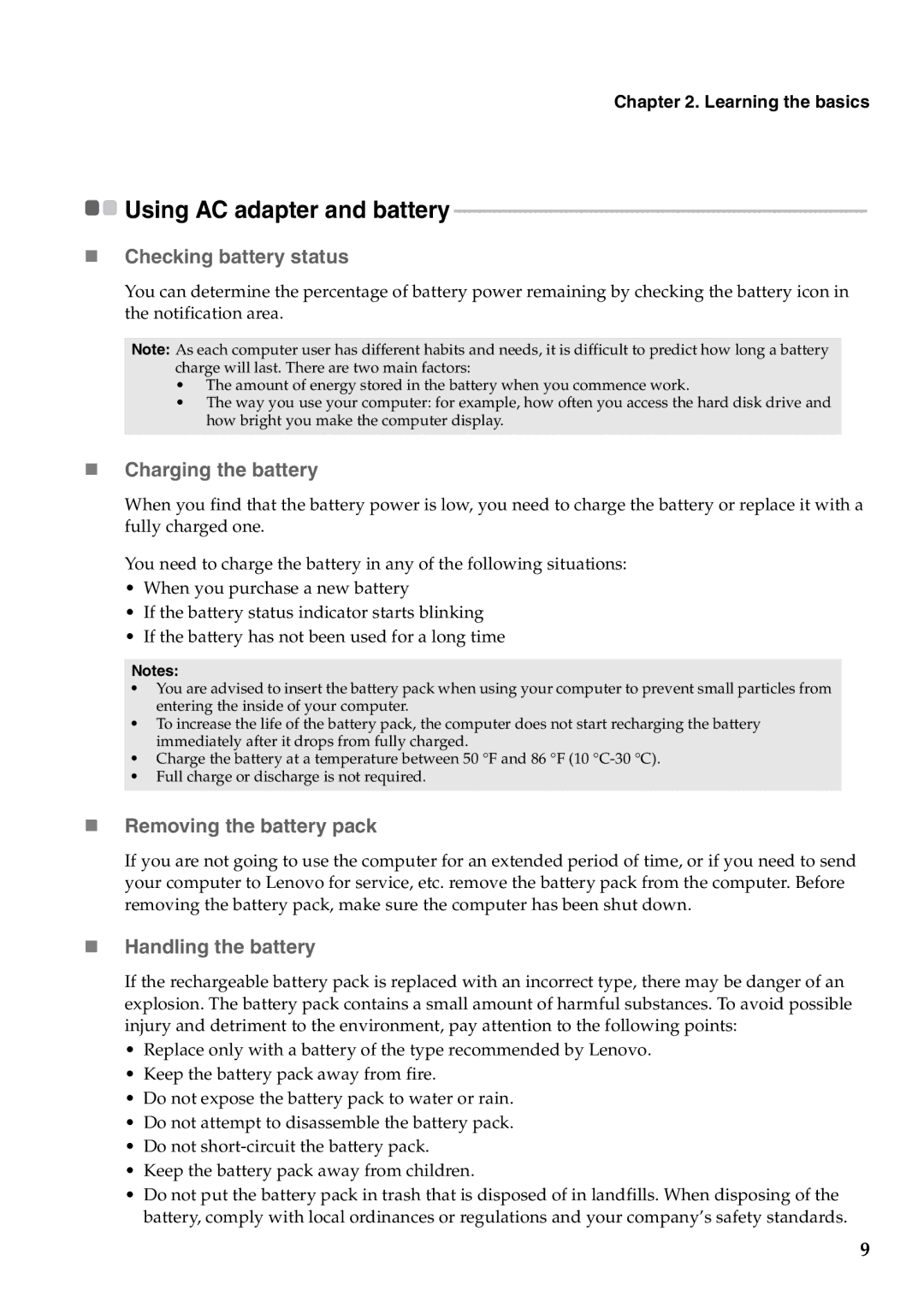 Lenovo Y471A manual „ Checking battery status, „ Charging the battery, „ Removing the battery pack, „ Handling the battery 