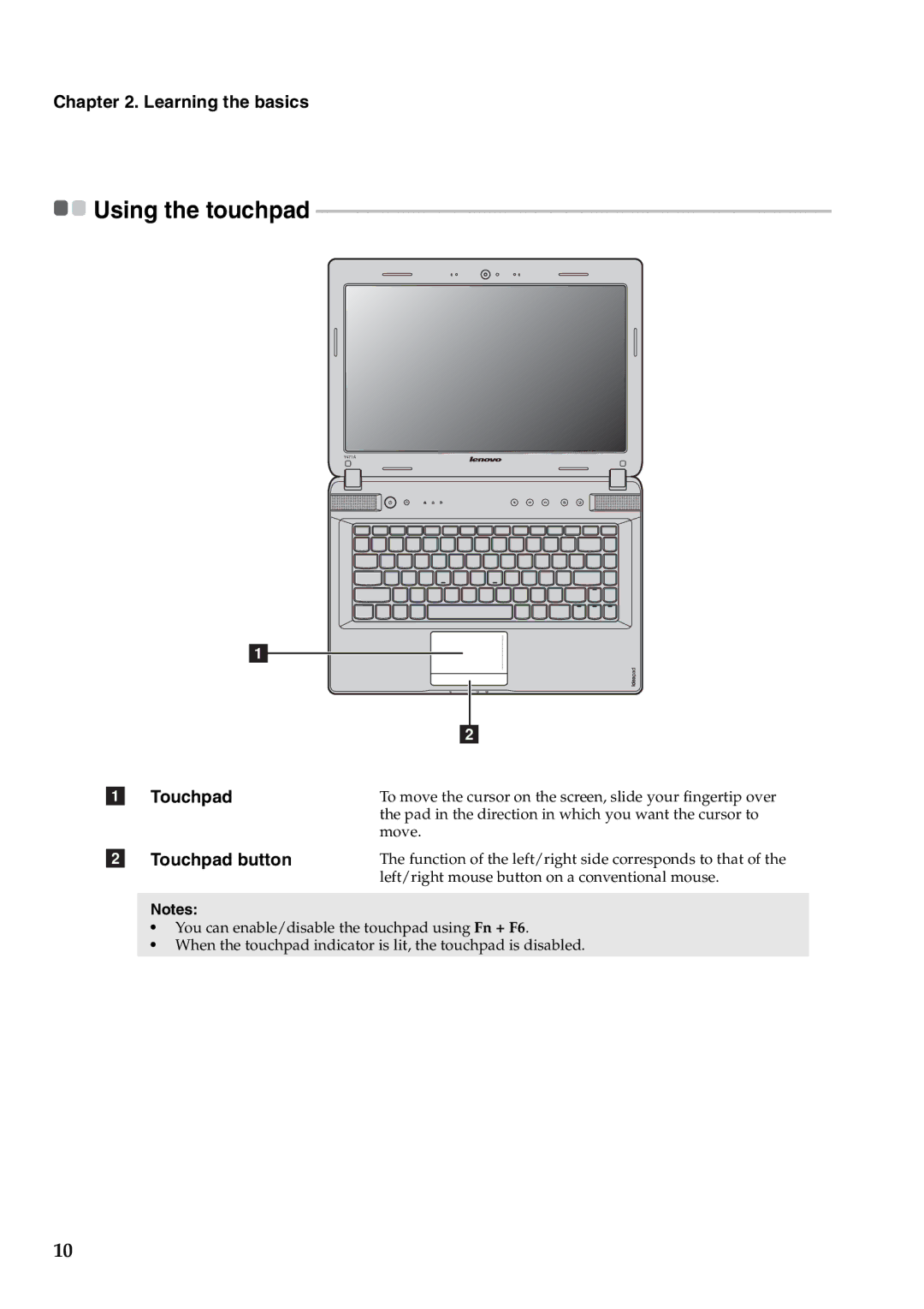 Lenovo Y471A manual Using the touchpad, Touchpad button 