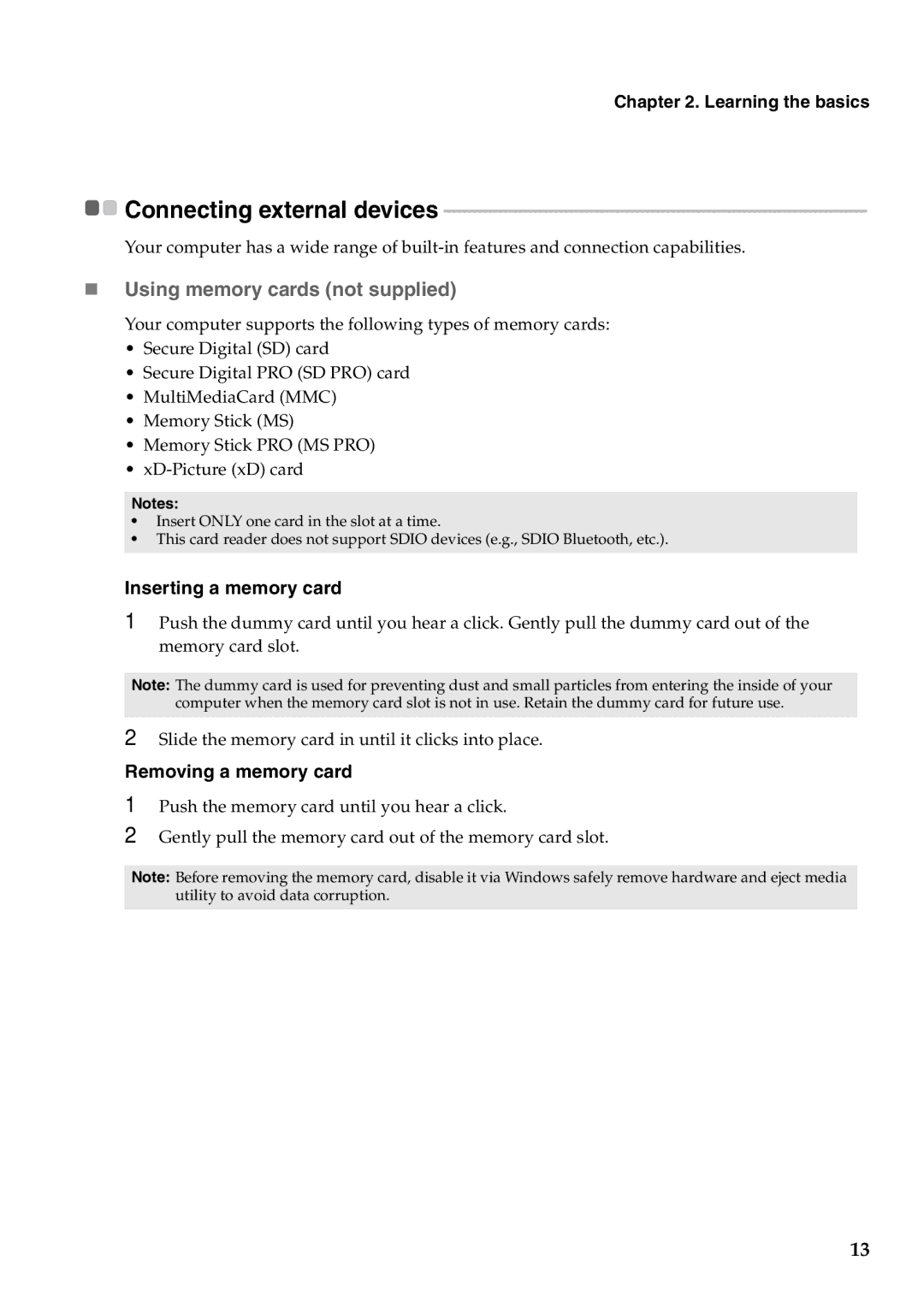 Lenovo Y471A manual „ Using memory cards not supplied, Inserting a memory card, Removing a memory card 