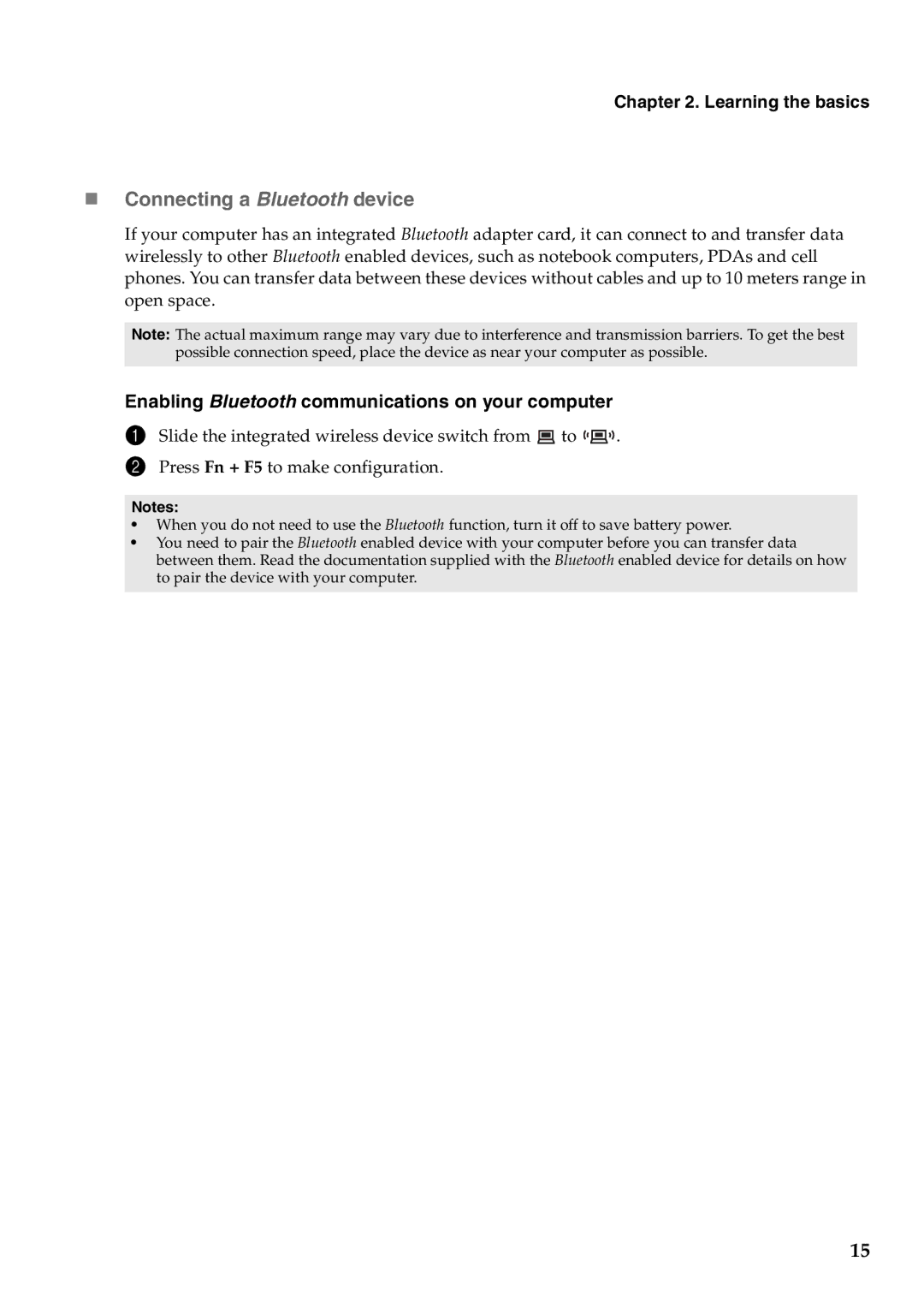 Lenovo Y471A manual „ Connecting a Bluetooth device, Enabling Bluetooth communications on your computer 