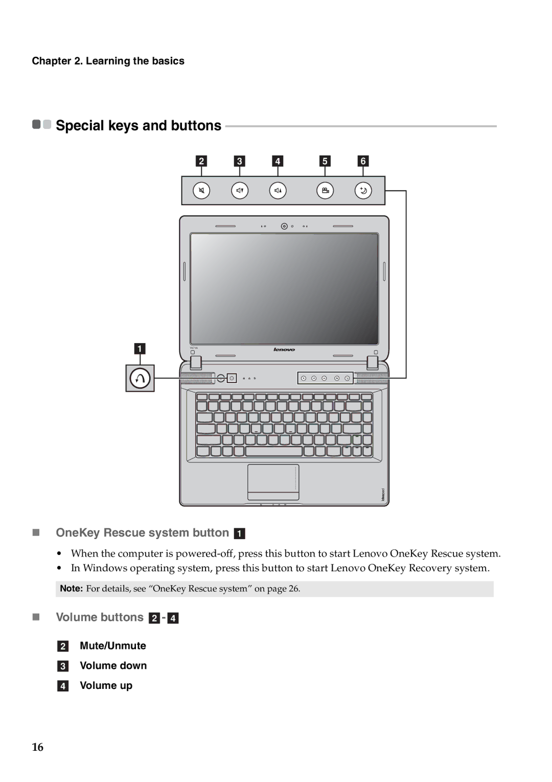 Lenovo Y471A manual „ OneKey Rescue system button a, „ Volume buttons b- d, Mute/Unmute Volume down Volume up 