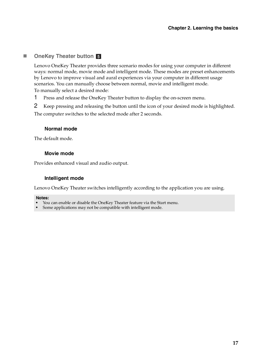 Lenovo Y471A manual „ OneKey Theater button e, Normal mode, Movie mode, Intelligent mode 