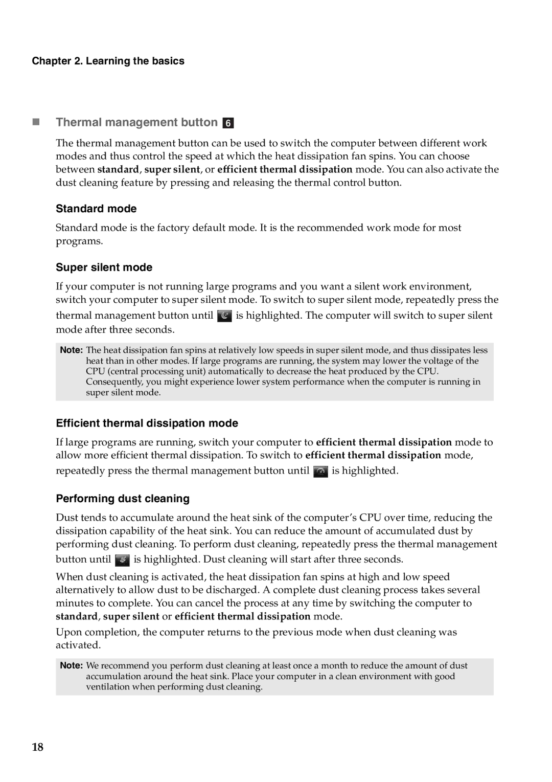 Lenovo Y471A manual „ Thermal management button f, Standard mode, Super silent mode, Efficient thermal dissipation mode 