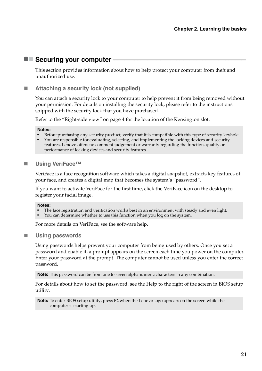 Lenovo Y471A manual „ Attaching a security lock not supplied, „ Using VeriFace, „ Using passwords 