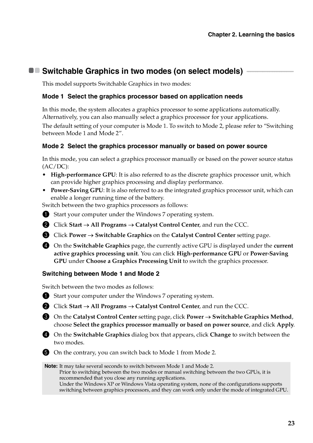 Lenovo Y471A manual Switchable Graphics in two modes on select models, Switching between Mode 1 and Mode 