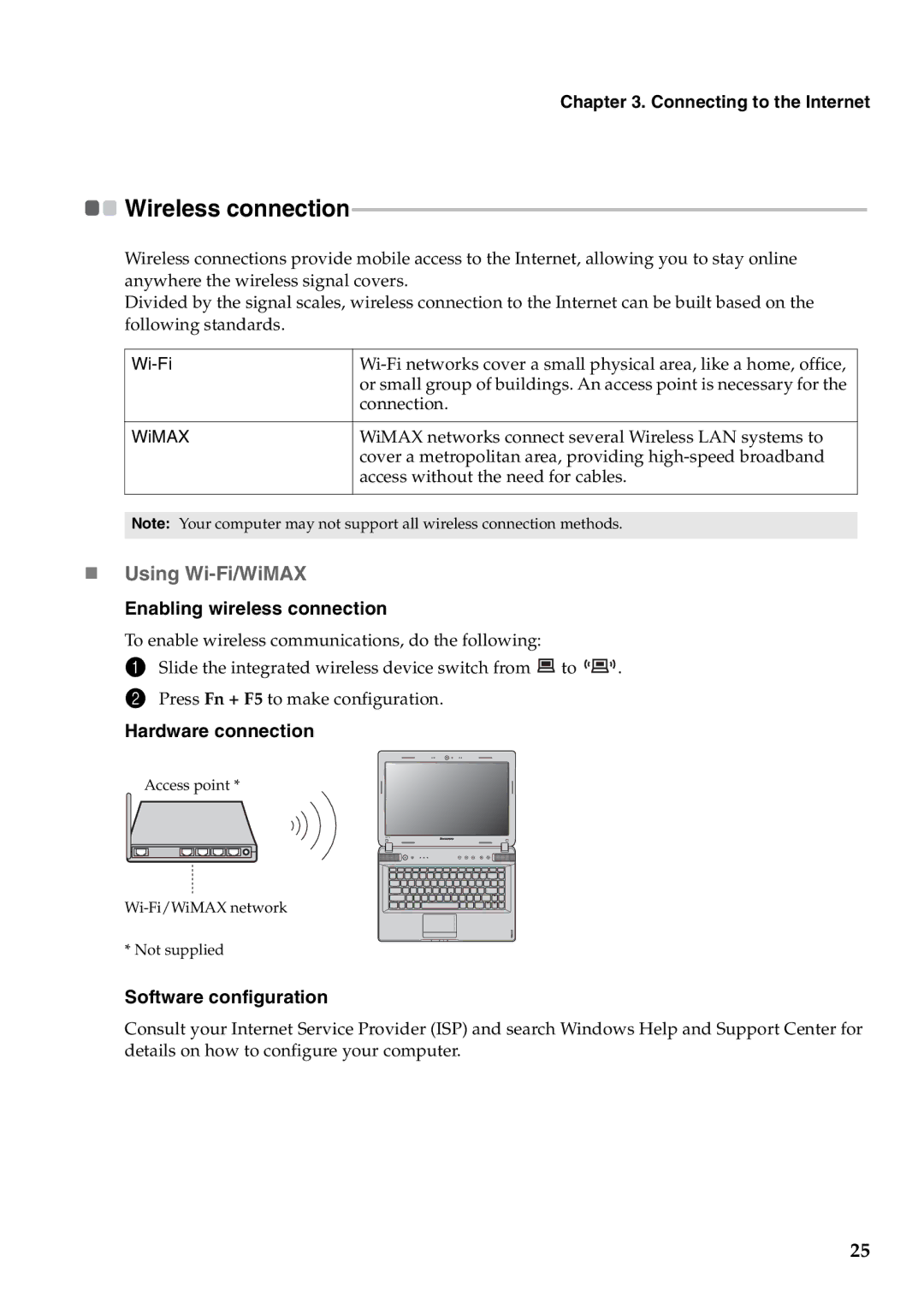 Lenovo Y471A manual „ Using Wi-Fi/WiMAX, Connecting to the Internet, Enabling wireless connection, Hardware connection 